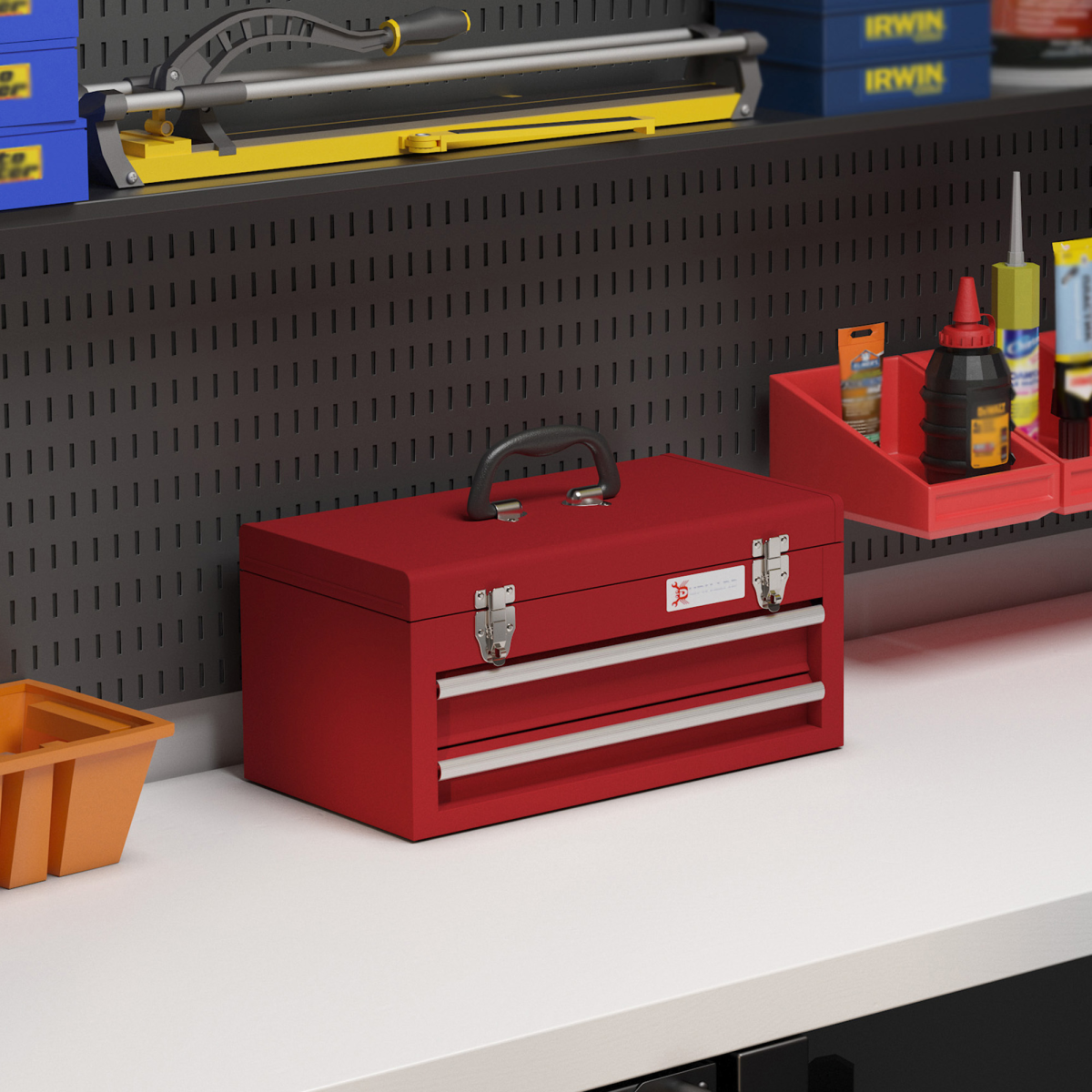 DURHAND Lockable 2-Drawer Steel Tool Chest with Ball Bearing Slides, Red
