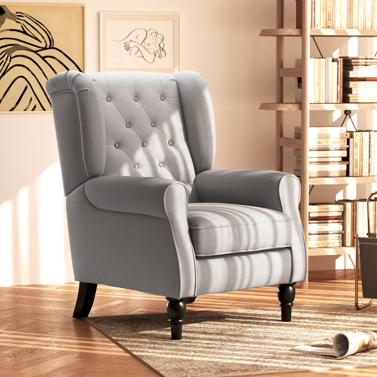 Retro Grey Wingback Accent Armchair with Wood Frame