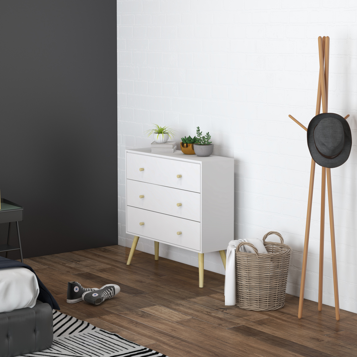 White 3-Drawer Chest of Drawers with Wood Legs