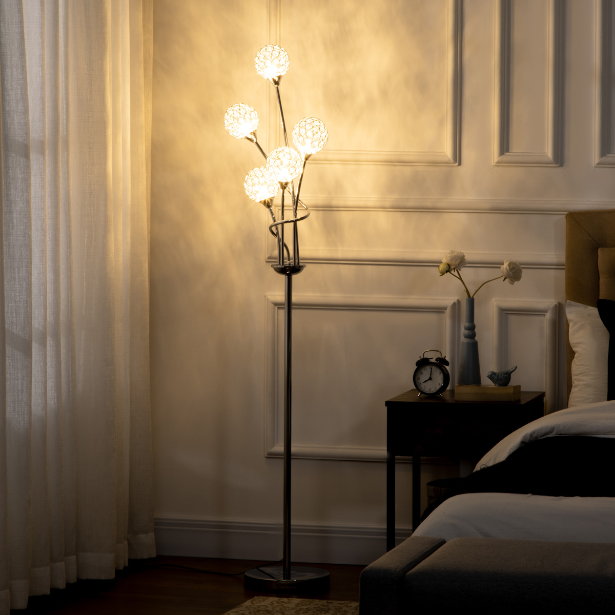 HOMCOM Crystal Floor Lamp, 5-Light Upright Standing Lamp, Silver