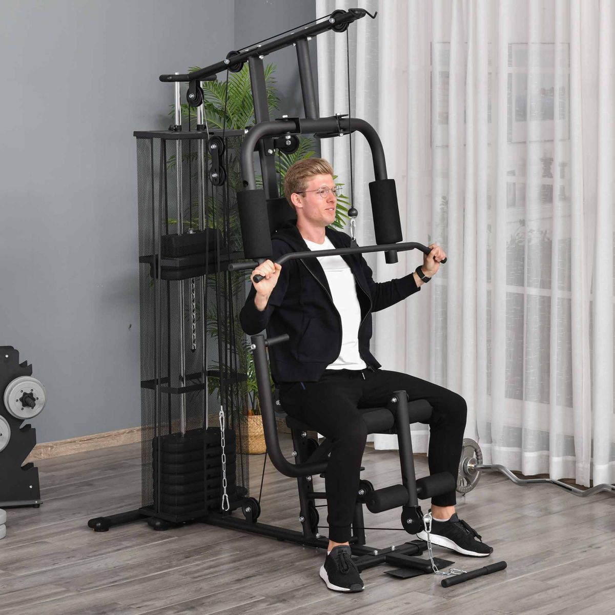 Multifunction Home Gym Weight Training Station with Dual Press Arm and Leg Developer