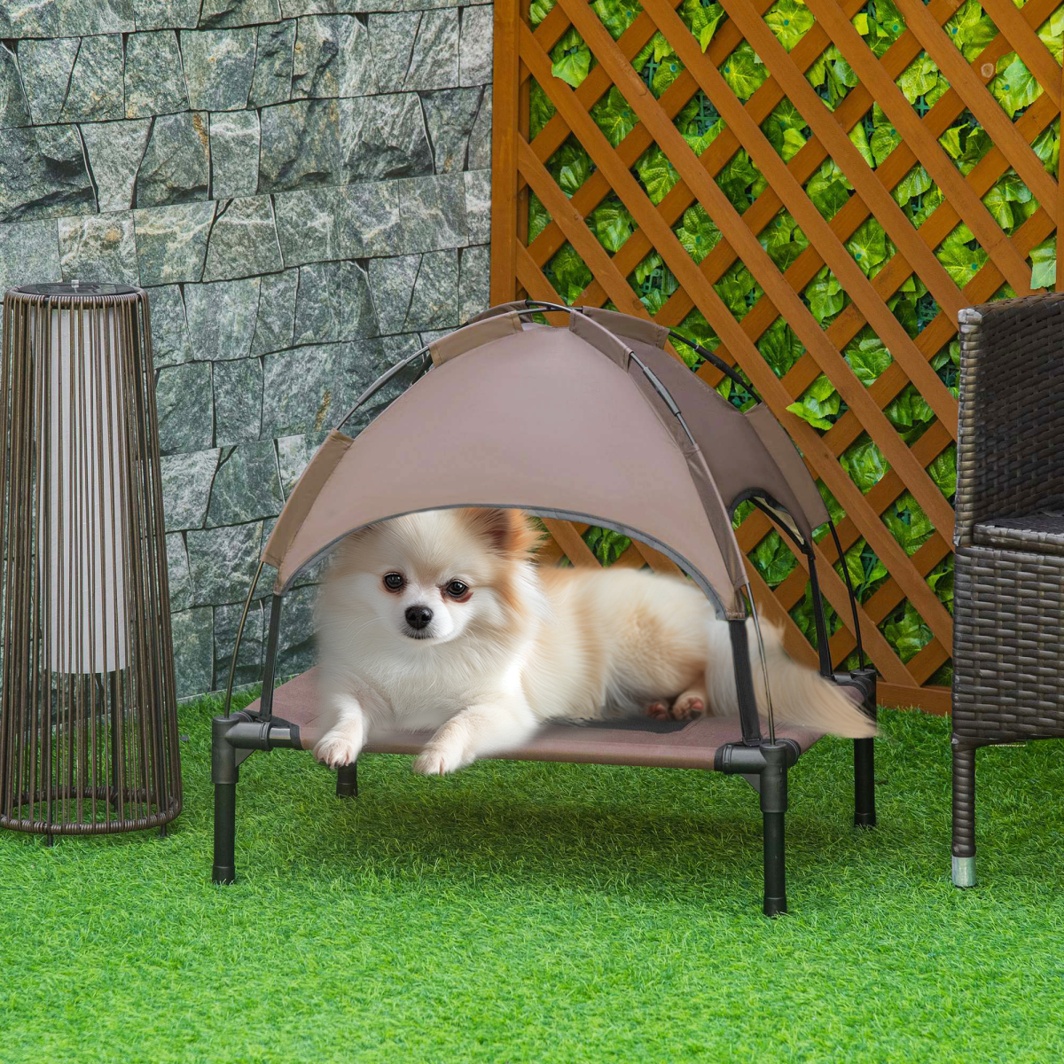 PawHut Elevated Dog Bed with Canopy, Outdoor Cot, Brown