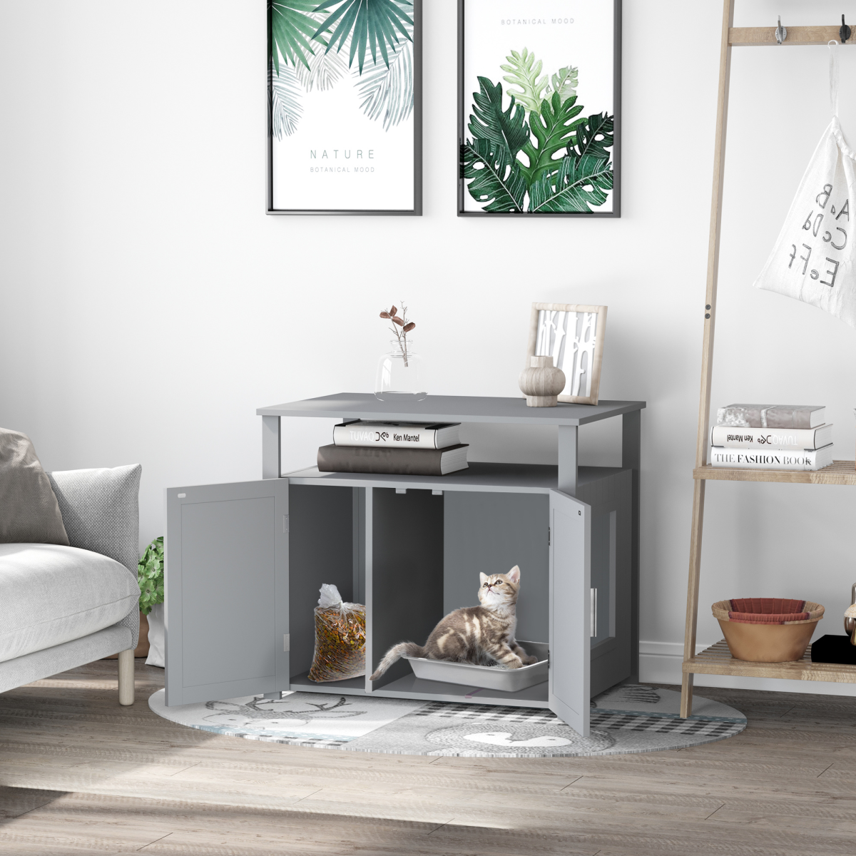 Grey MDF Cat Litter Box Enclosure Furniture with Shelves