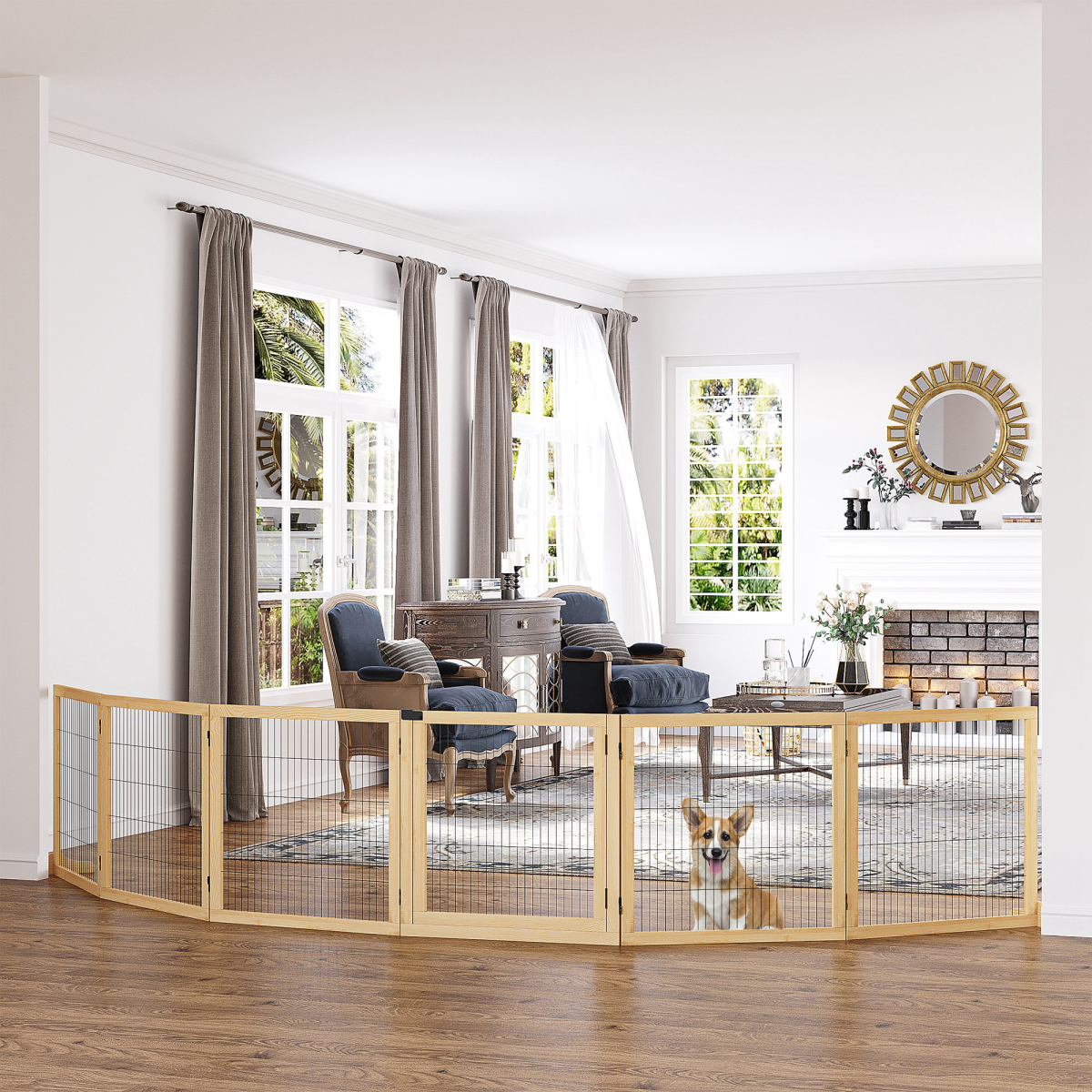 PawHut Freestanding Foldable Wooden Dog Gate, 6-Panel, 432cm