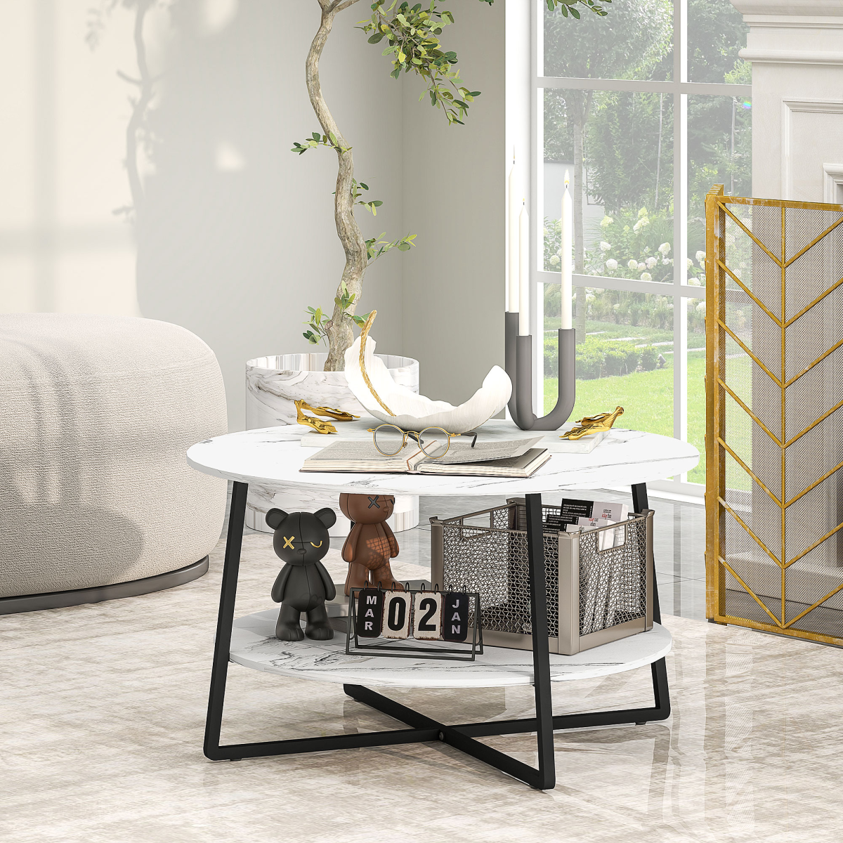 HOMCOM Round Coffee Table with Storage Shelf, Marble-Effect Top, White