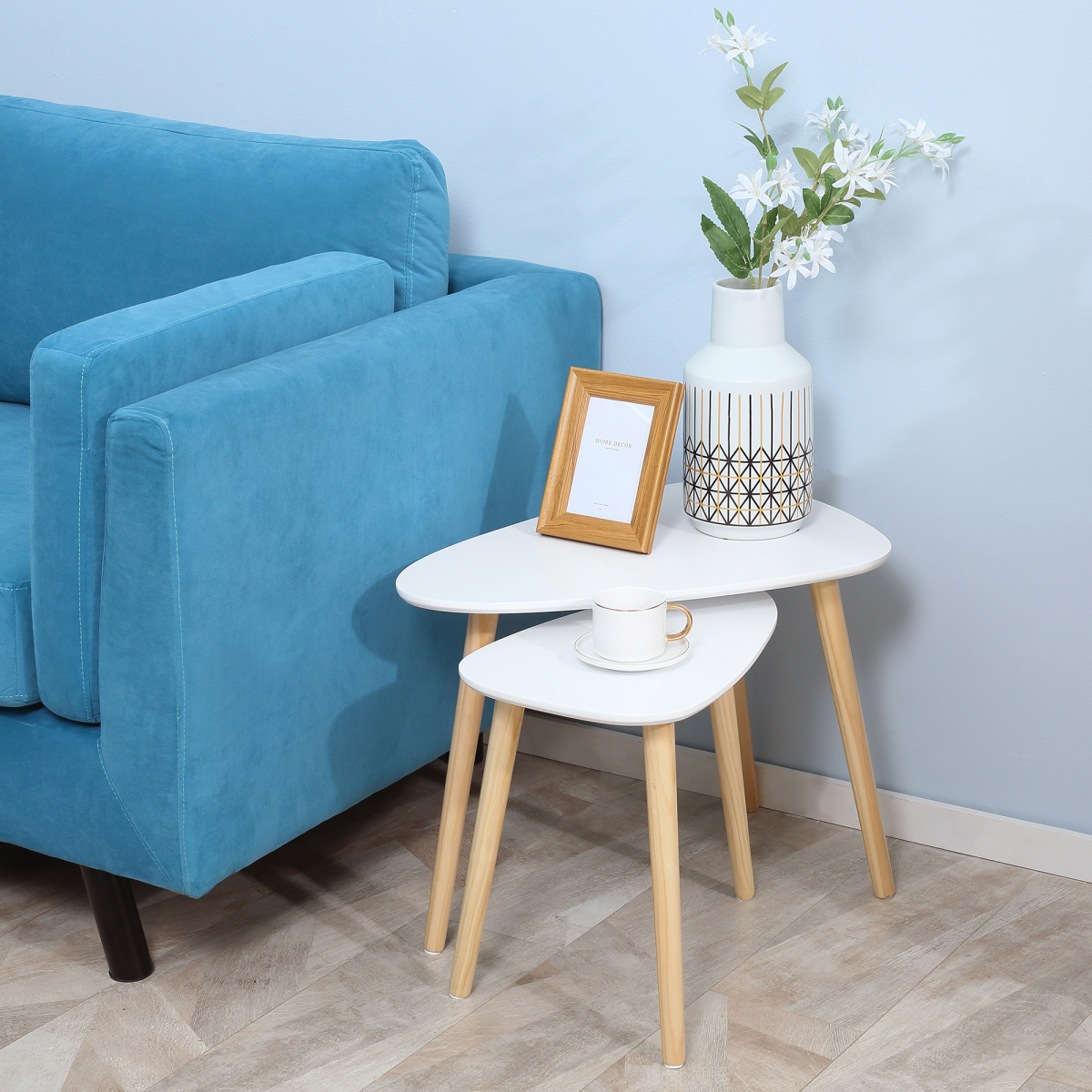 Set of 2 White Nesting Side Tables with Wooden Legs for Living Room