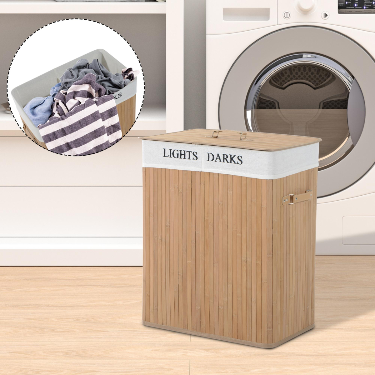 HOMCOM Bamboo Laundry Basket with Lid, Collapsible Storage Bin, Removable Washable Bag, PU Handles