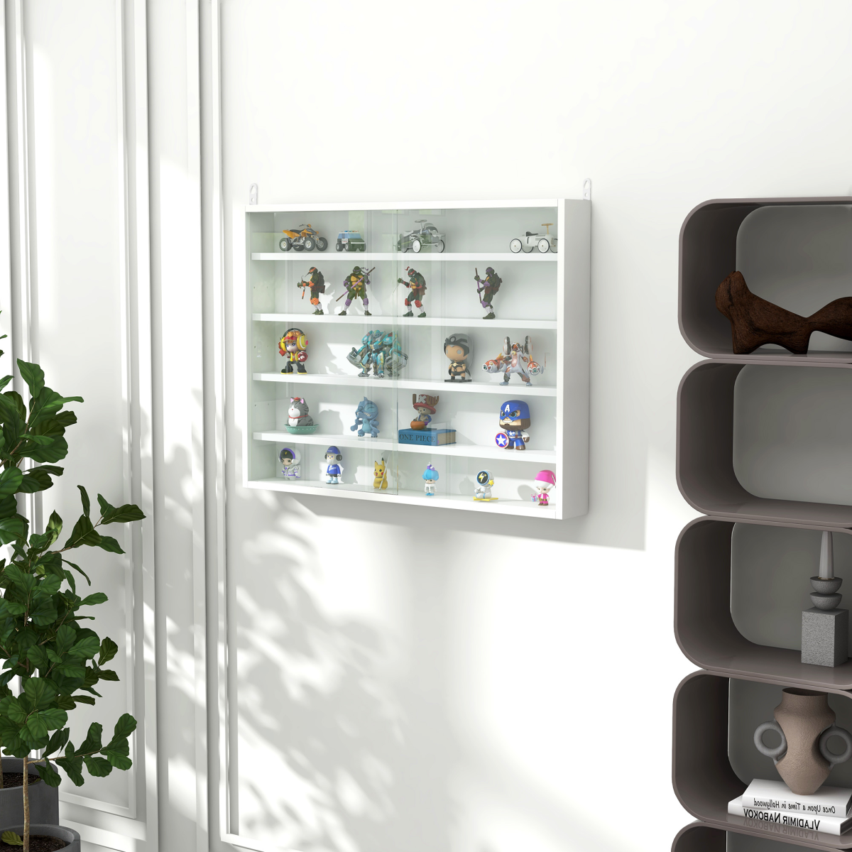 5-Tier Wall Mounted Display Cabinet with Glass Doors and Adjustable Shelves White