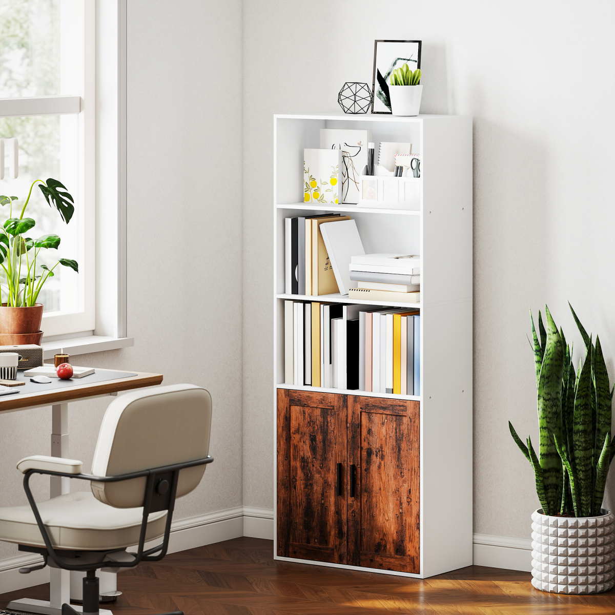 HOMCOM Tall 5-Tier Bookcase with Adjustable Shelf & Cupboard, Rustic Brown