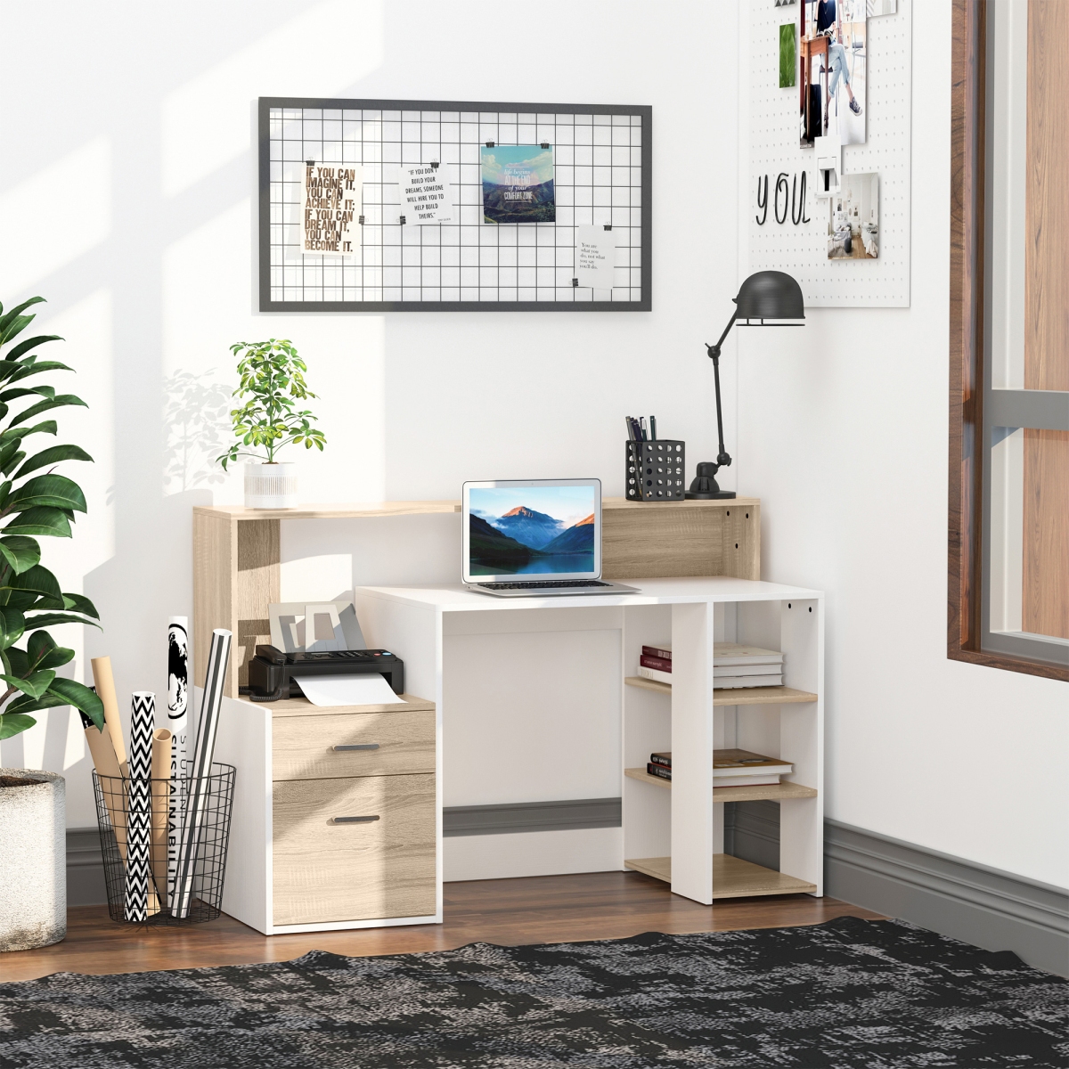 Multi-Storage Workstation Desk with Side Shelves, 2-Drawer Cabinet and Printer Space, Home Office Desk, Oak
