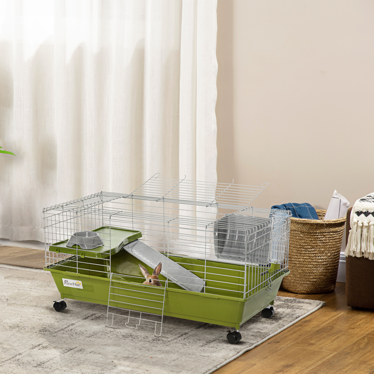PawHut 89cm Small Animal Home Cage for Rabbits, Ferrets, Chinchillas and Guinea Pigs with Wheels, Platform, Ramp, Hay Feeder, Water Bottle and Food Dish