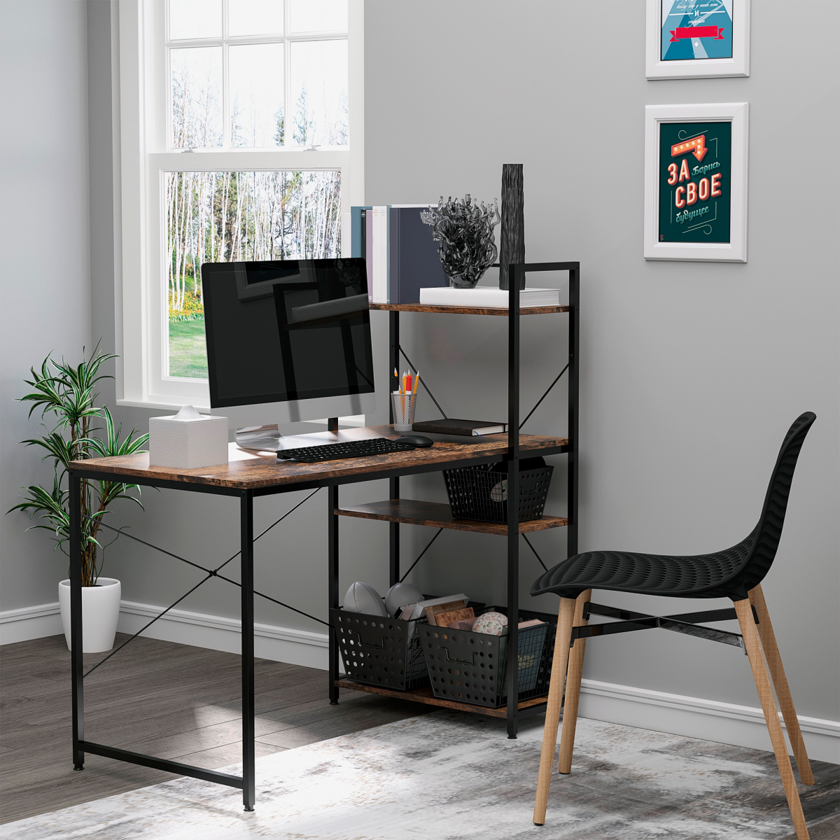 HOMCOM Computer Desk with 4-Tier Bookshelf, Home Office Study Workstation, Reversible Left or Right Shelf, Chipboard and Steel Frame