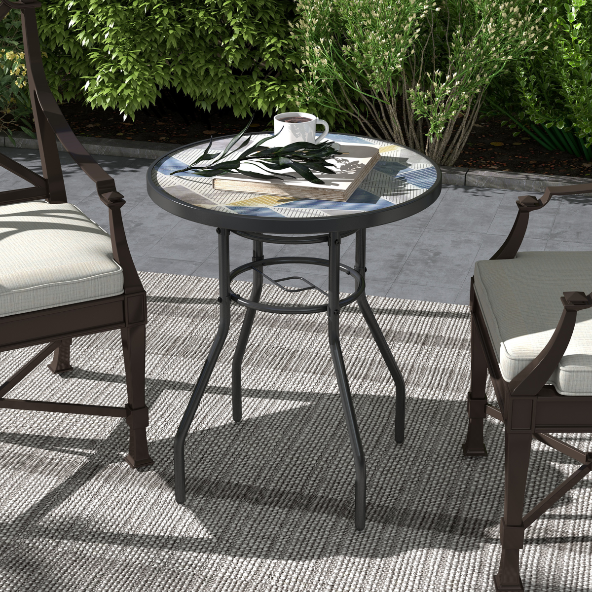 Outsunny Round Tempered Glass Garden Table, Multicolour