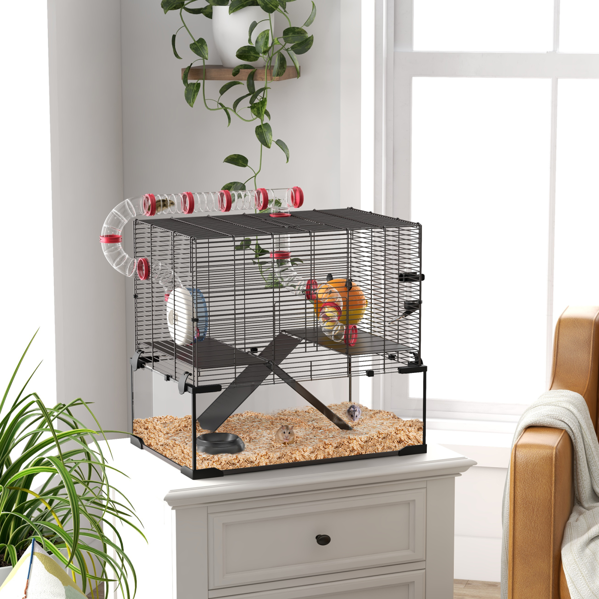 PawHut Hamster Cage with Tubes, Ramps, Platforms and Hut, 60 x 40 x 57 cm