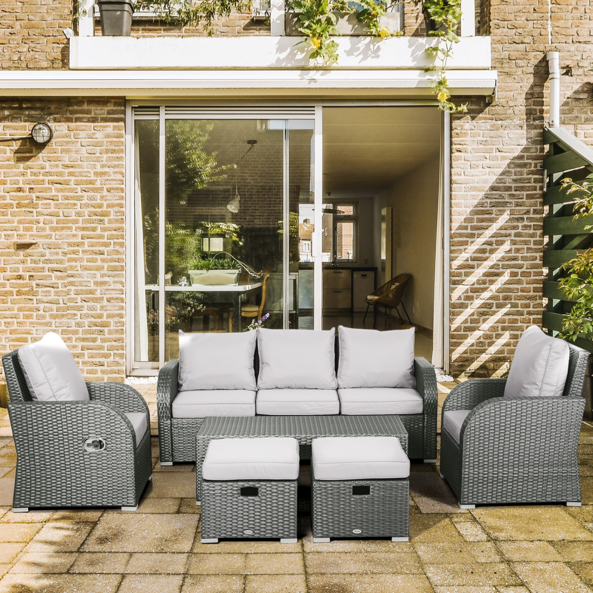 Outsunny 7-Seater Outdoor Garden Rattan Furniture Set with 2 Reclining Armchairs, 3-Seater Sofa, 2 Footstools and Table - Grey