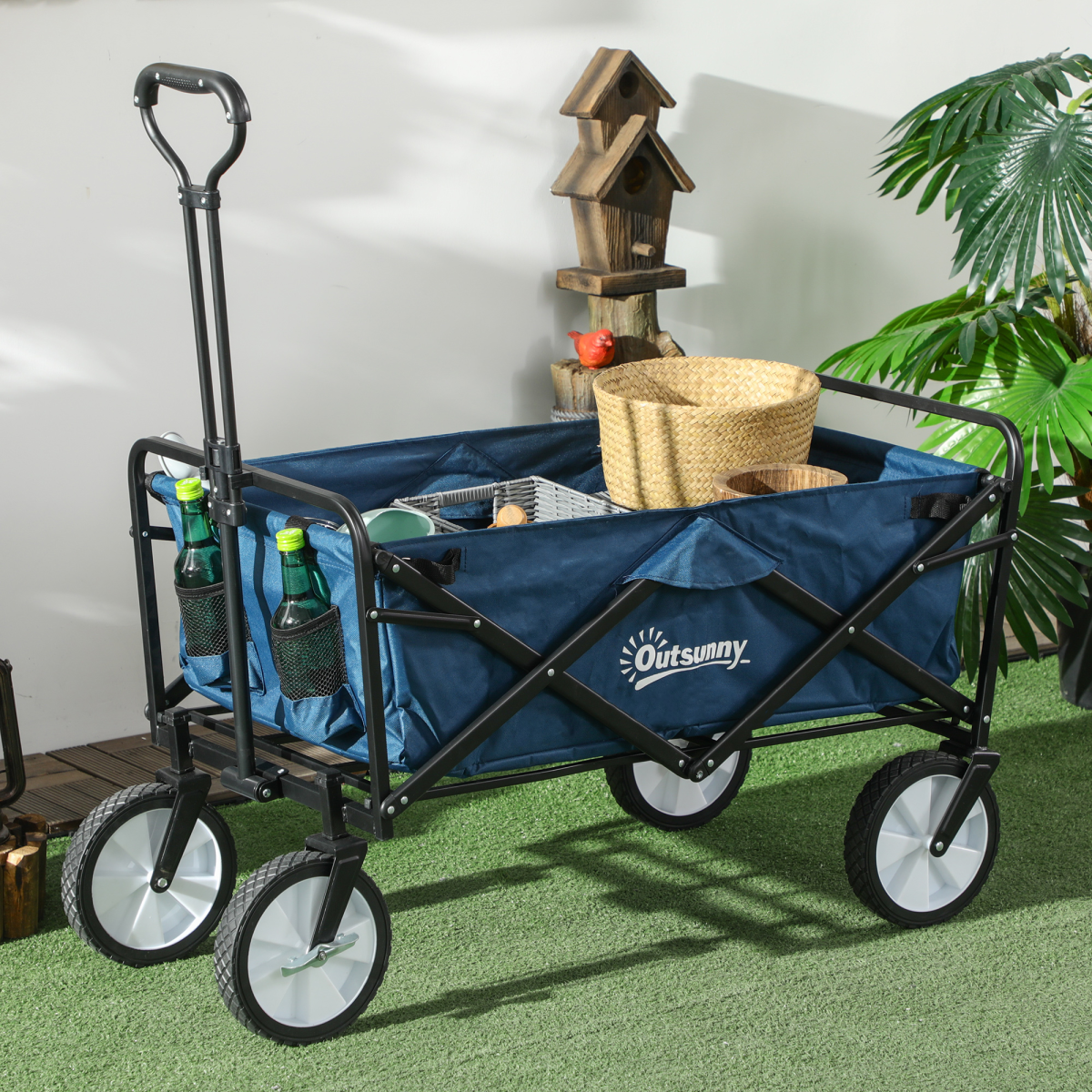 Outsunny Folding Cargo Wagon Cart for Beach & Garden, Telescopic Handle