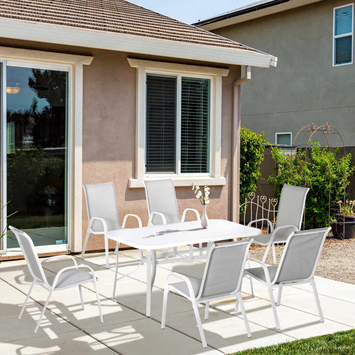 Outsunny 7 Piece Grey Outdoor Garden Dining Set with 6 Armchairs and Glass Top Table