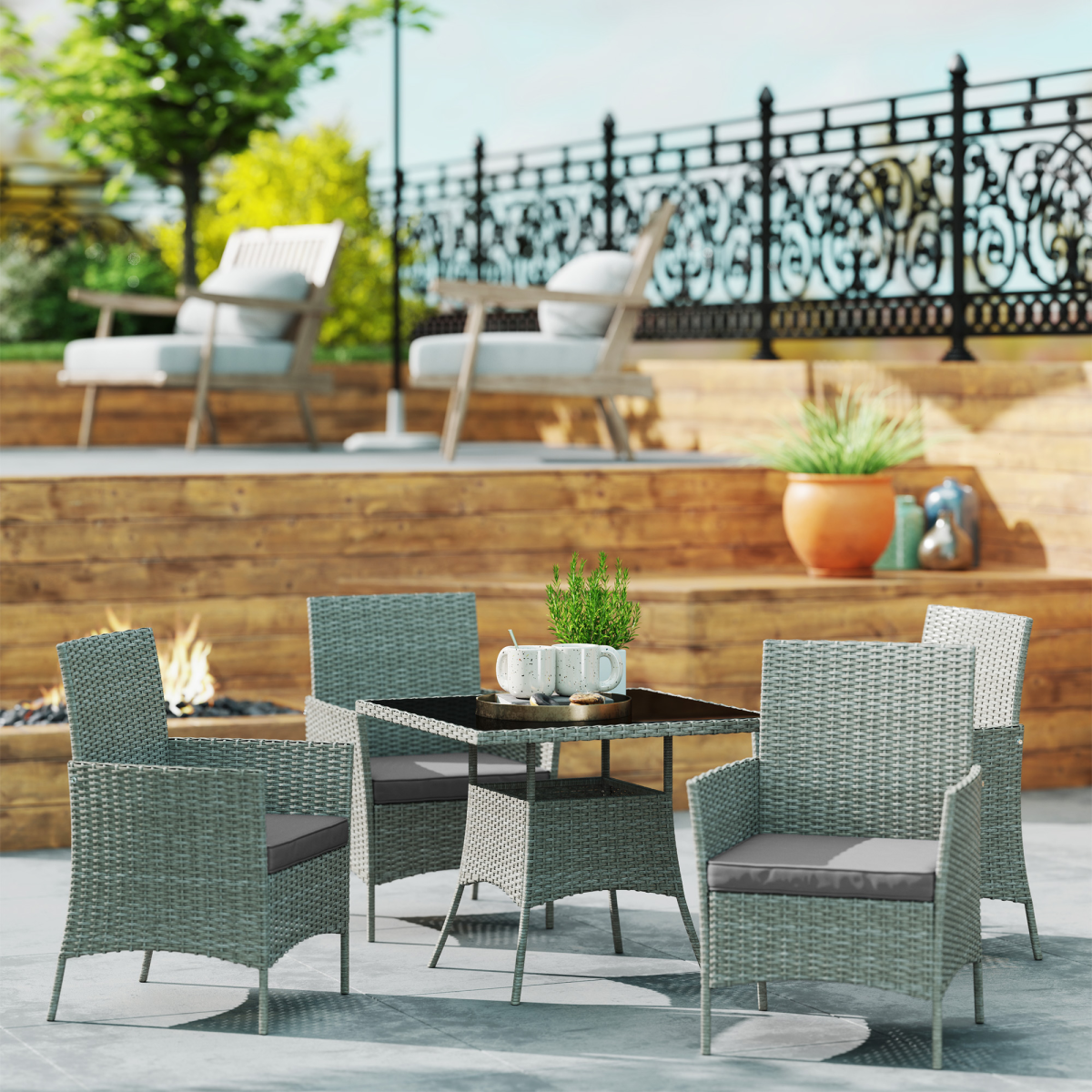 Outsunny 5-Piece Outdoor Rattan Dining Set for 4 with Cushions, Light Grey