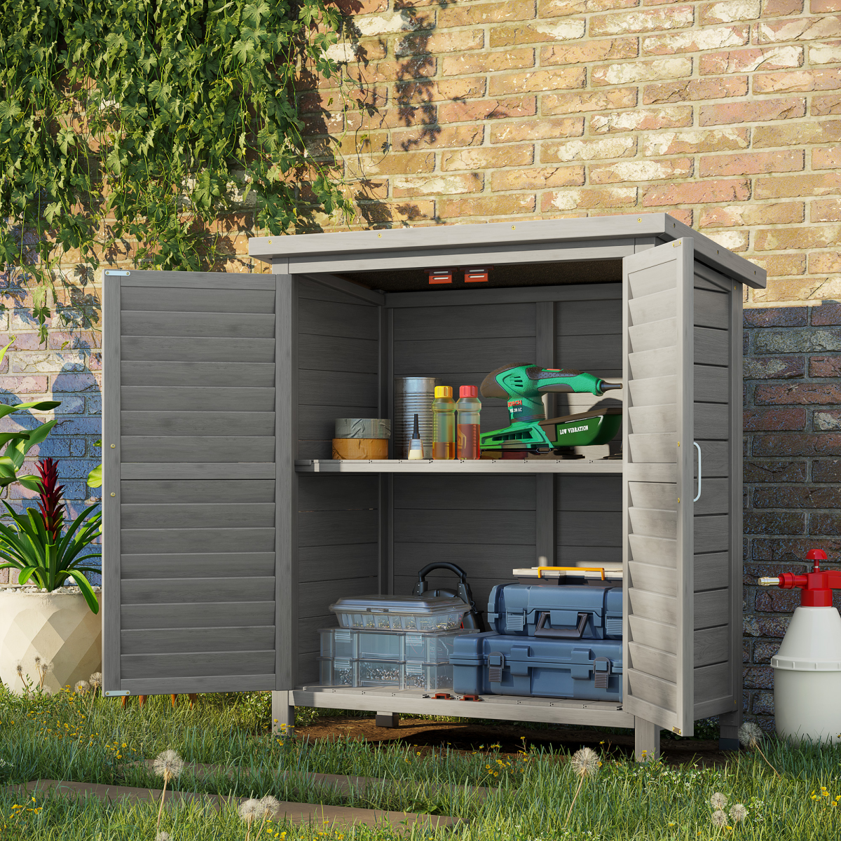 Outsunny Wooden Garden Storage Shed with 2 Slatted Doors, Solid Fir Wood, Grey, 87 x 46.5 x 96.5 cm