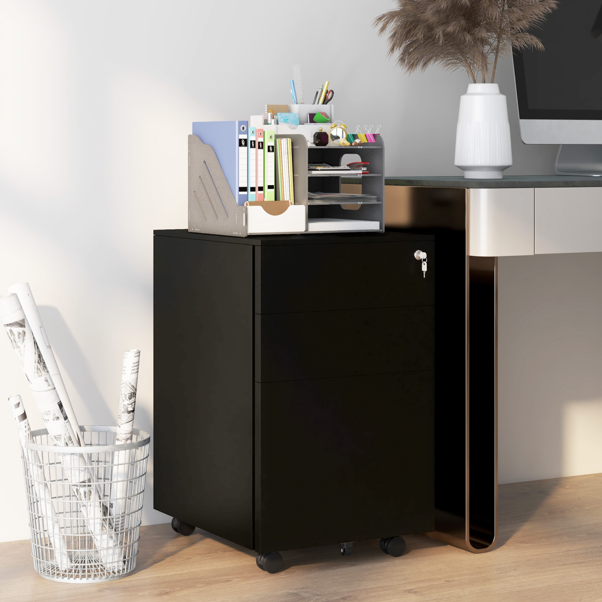 Vinsetto Steel File Cabinet with Lock Hanging Bar for Letter A4 Legal Size Black