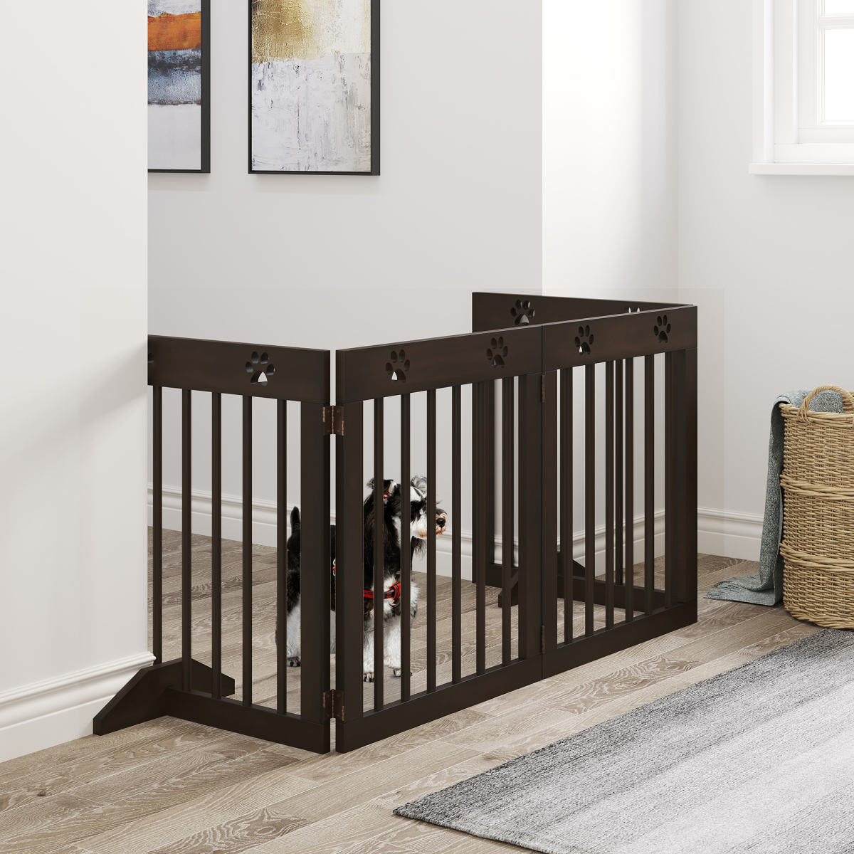 PawHut Freestanding 4-Panel Folding Wooden Dog Barrier with Support Feet
