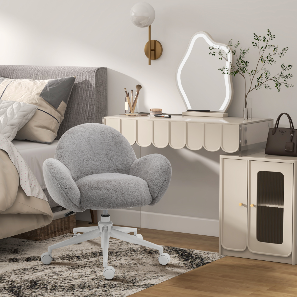 HOMCOM Fluffy Leisure Office Chair with Backrest and Armrests, Swivel Height Adjustable, Grey