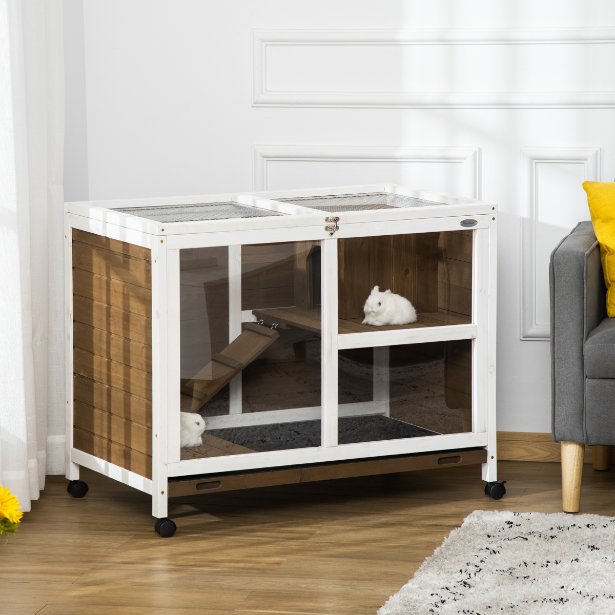 PawHut Indoor Two-Floor Fir Wood Rabbit Hutch with Pull-Out Tray, Ramp and Wheels, Brown