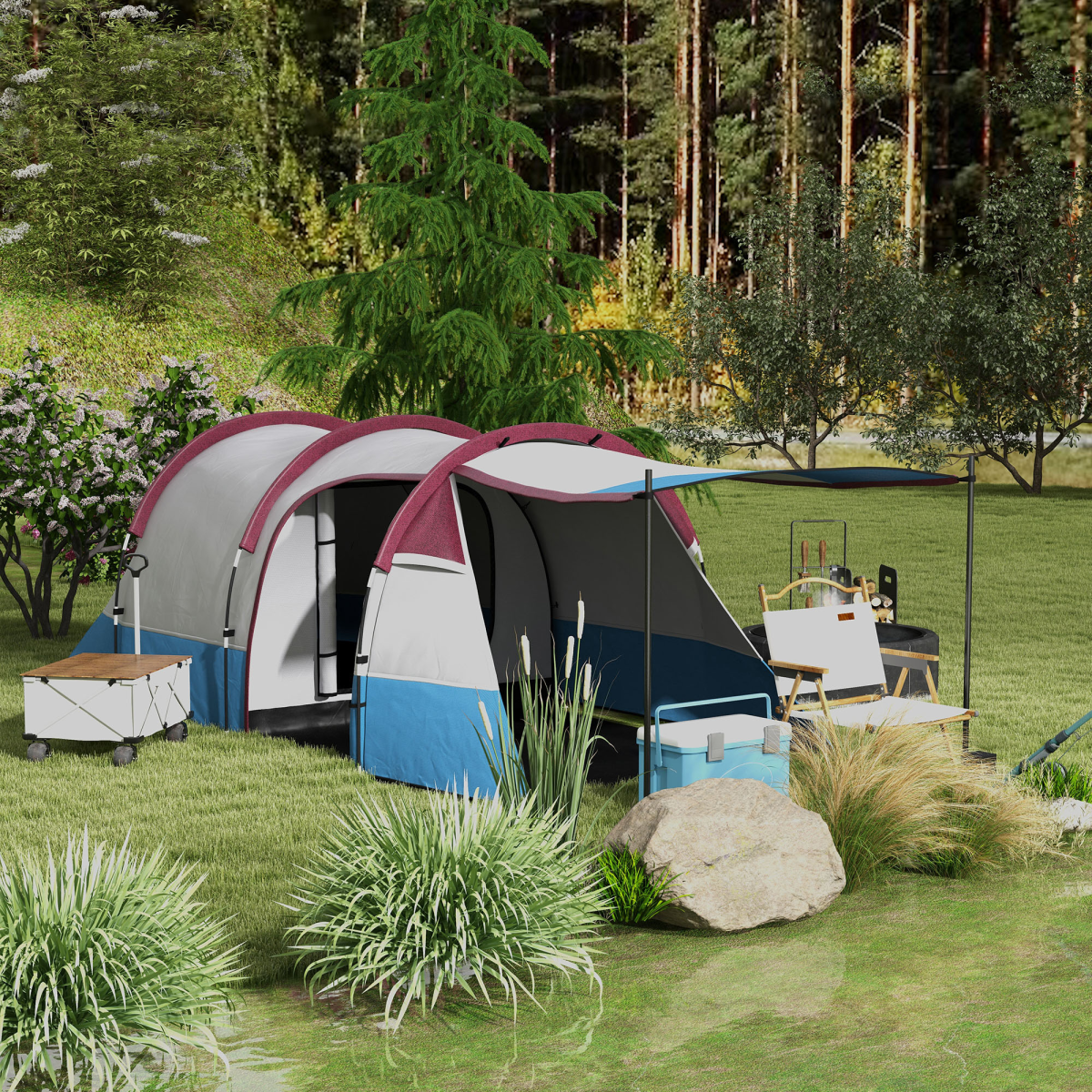Outsunny 3-Person Camping Tunnel Tent with Bedroom and Living Room, Red