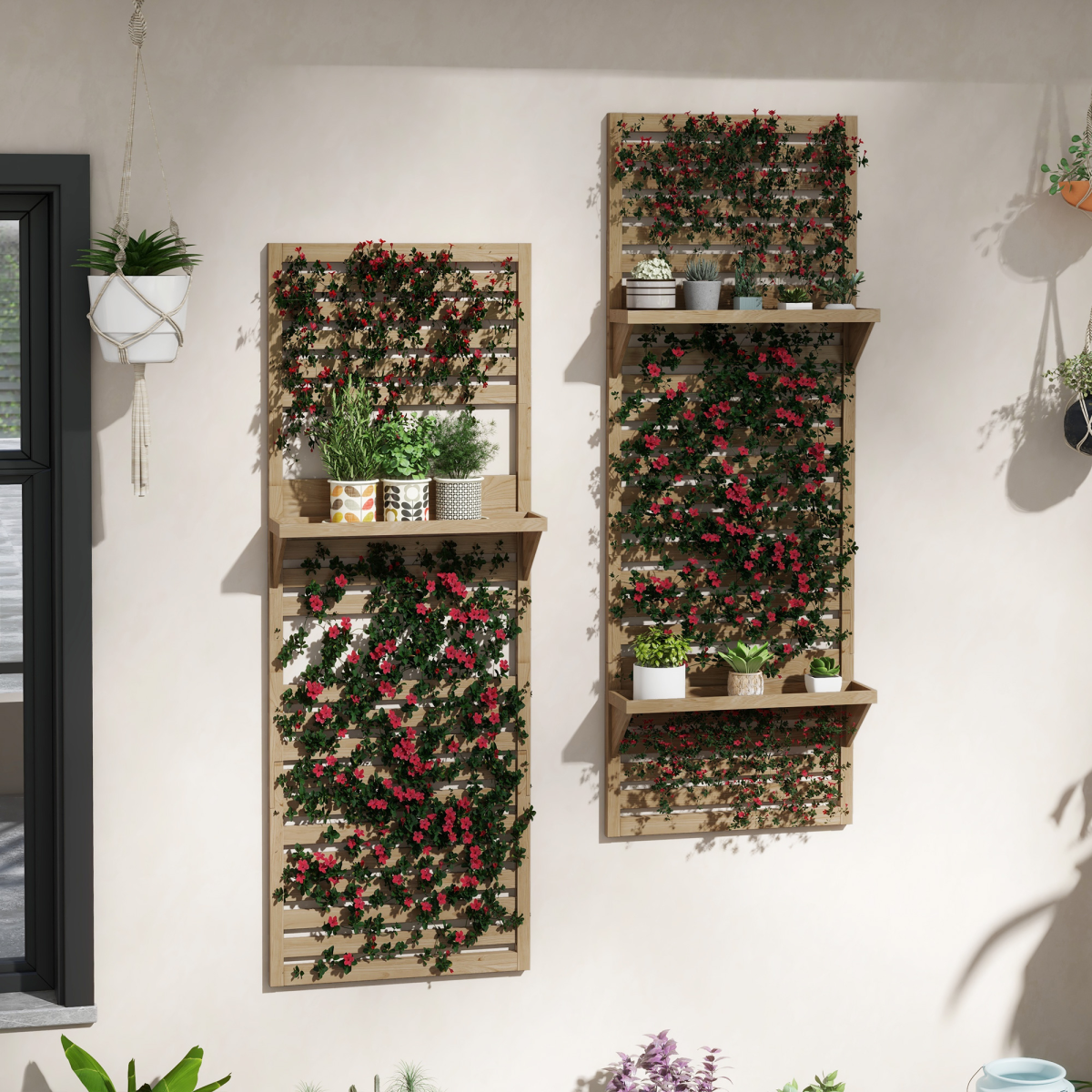 Outsunny Wall Mounted Plant Stands Set of 2 with Shelves and Slatted Trellis