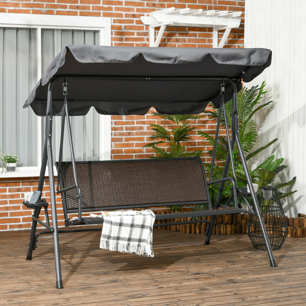 Outsunny 3 Seater Garden Swing Bench with Adjustable Canopy, Rattan Seat