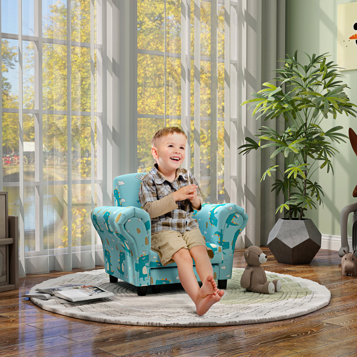 AIYAPLAY 2 Piece Kids Sofa Set, Dinosaur Print, Blue for Nursery