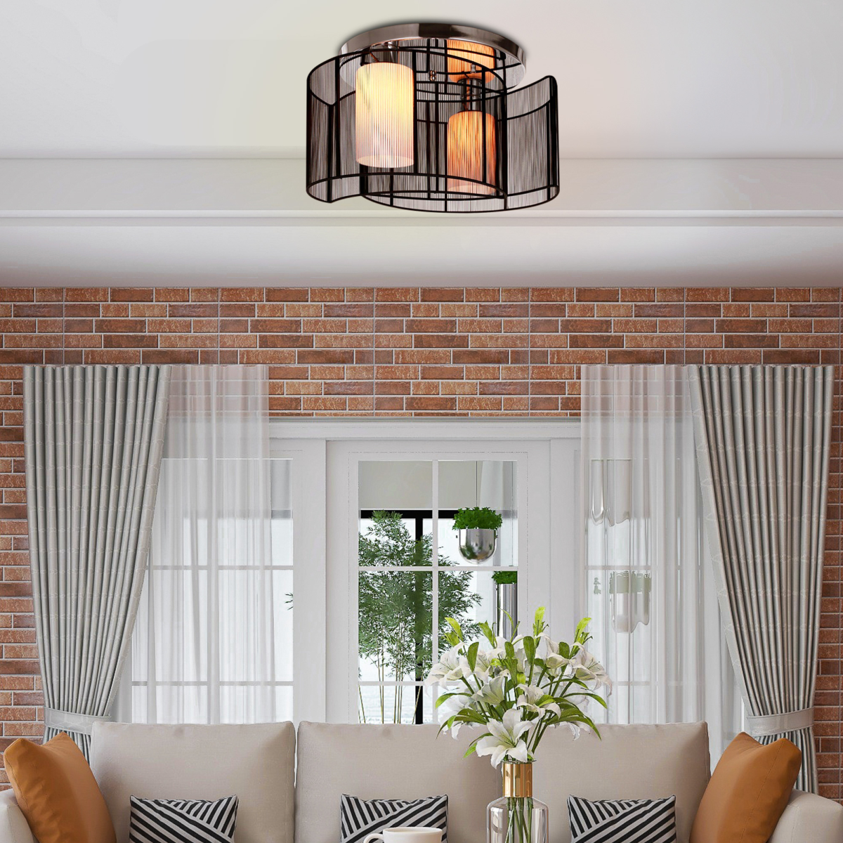 HOMCOM Chandelier, 40 x 25 cm, Chrome/Black Fabric, 2-Light Flush Mount, E27