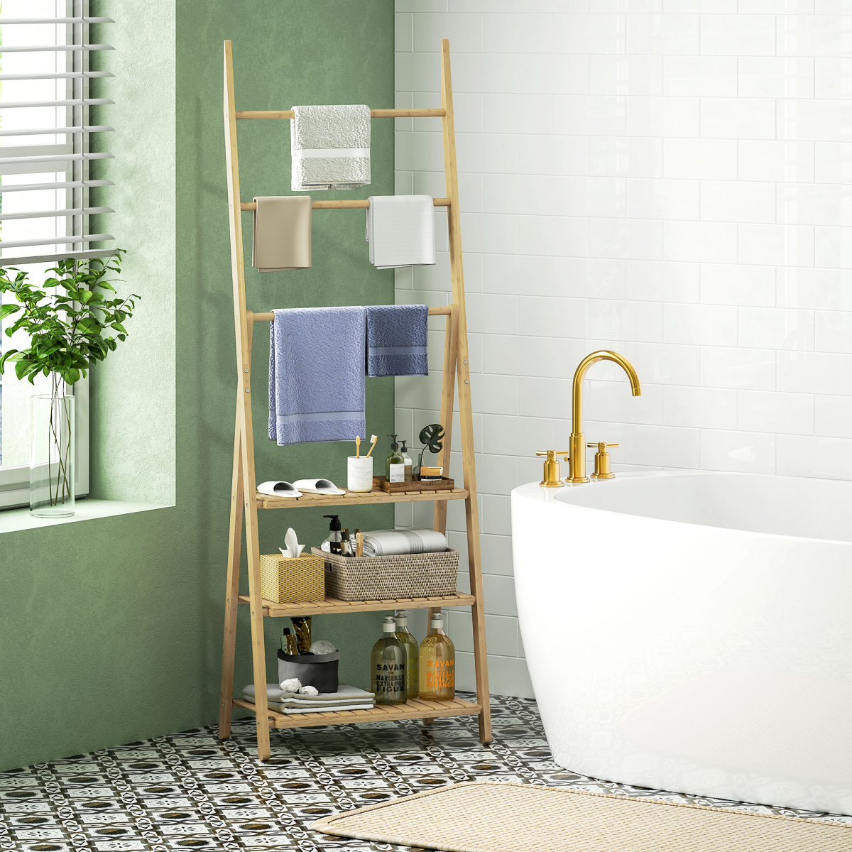 HOMCOM 3-Tier Folding Bamboo Bathroom Shelf with Towel Bars