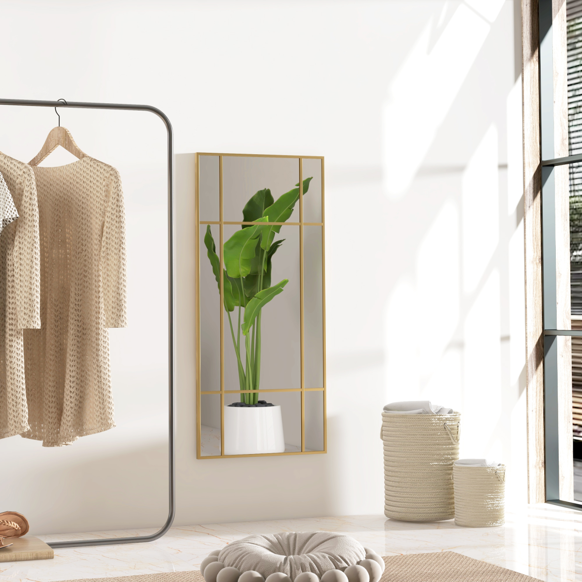 HOMCOM Window Style Wall Mirror 110 x 50cm, Gold Tone