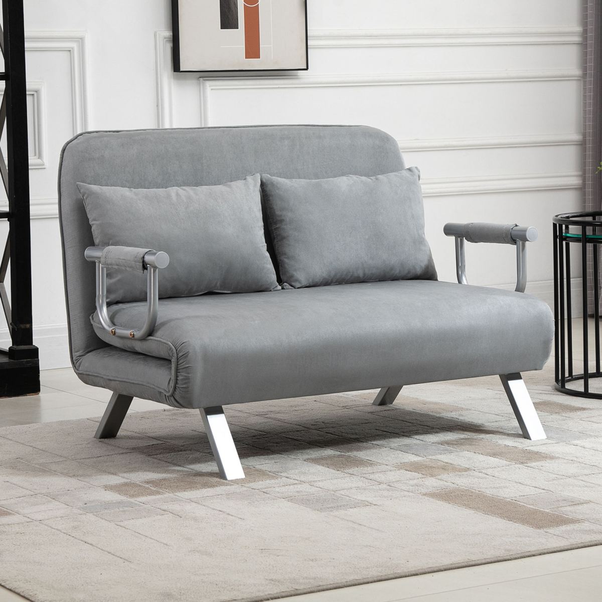 HOMCOM 2 Seater Fabric Sofa Bed with 2 Pillows, Light Grey