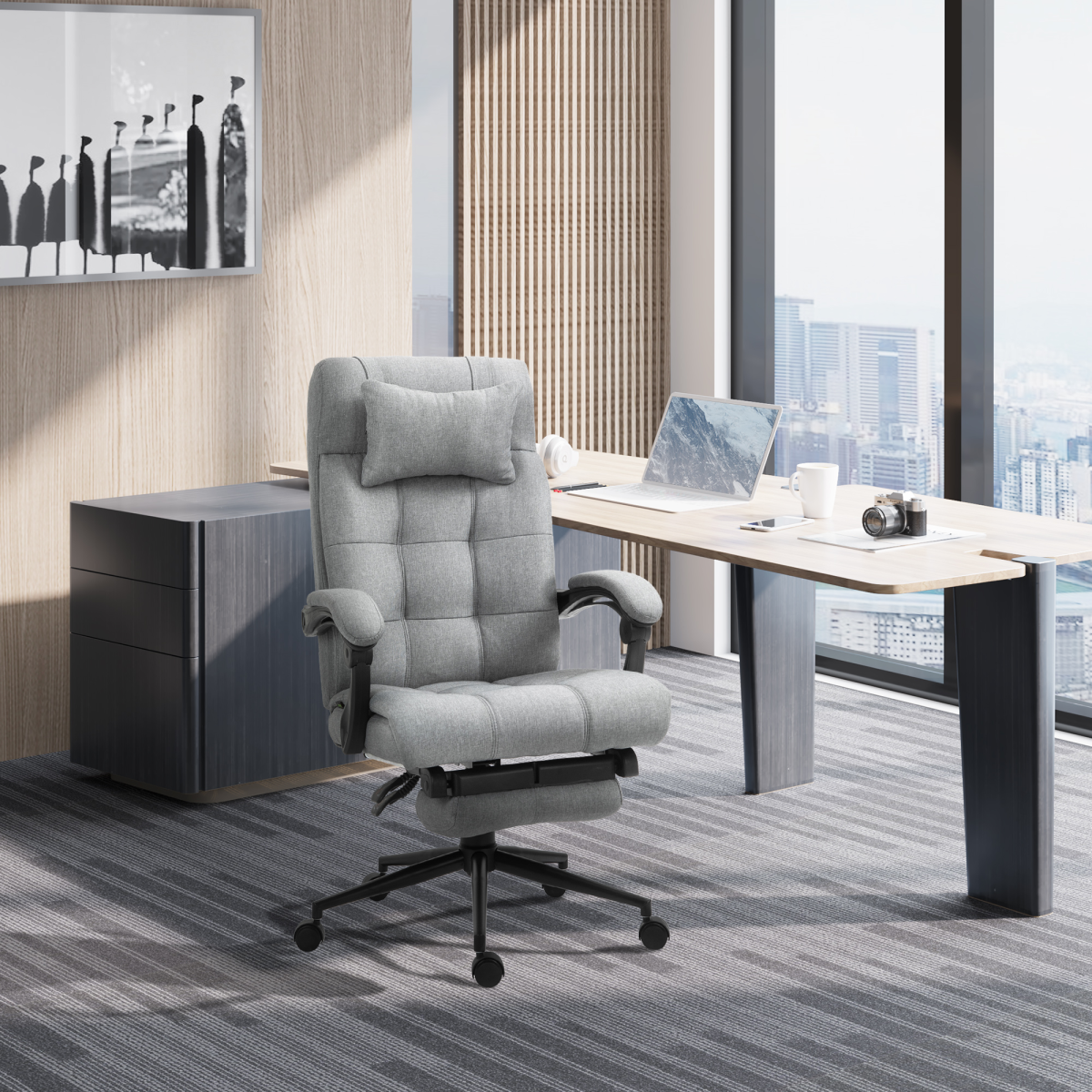 Office Chair with Footrest, Adjustable Height, 155° Recline, Swivel, Armrests, Rolling, Light Grey