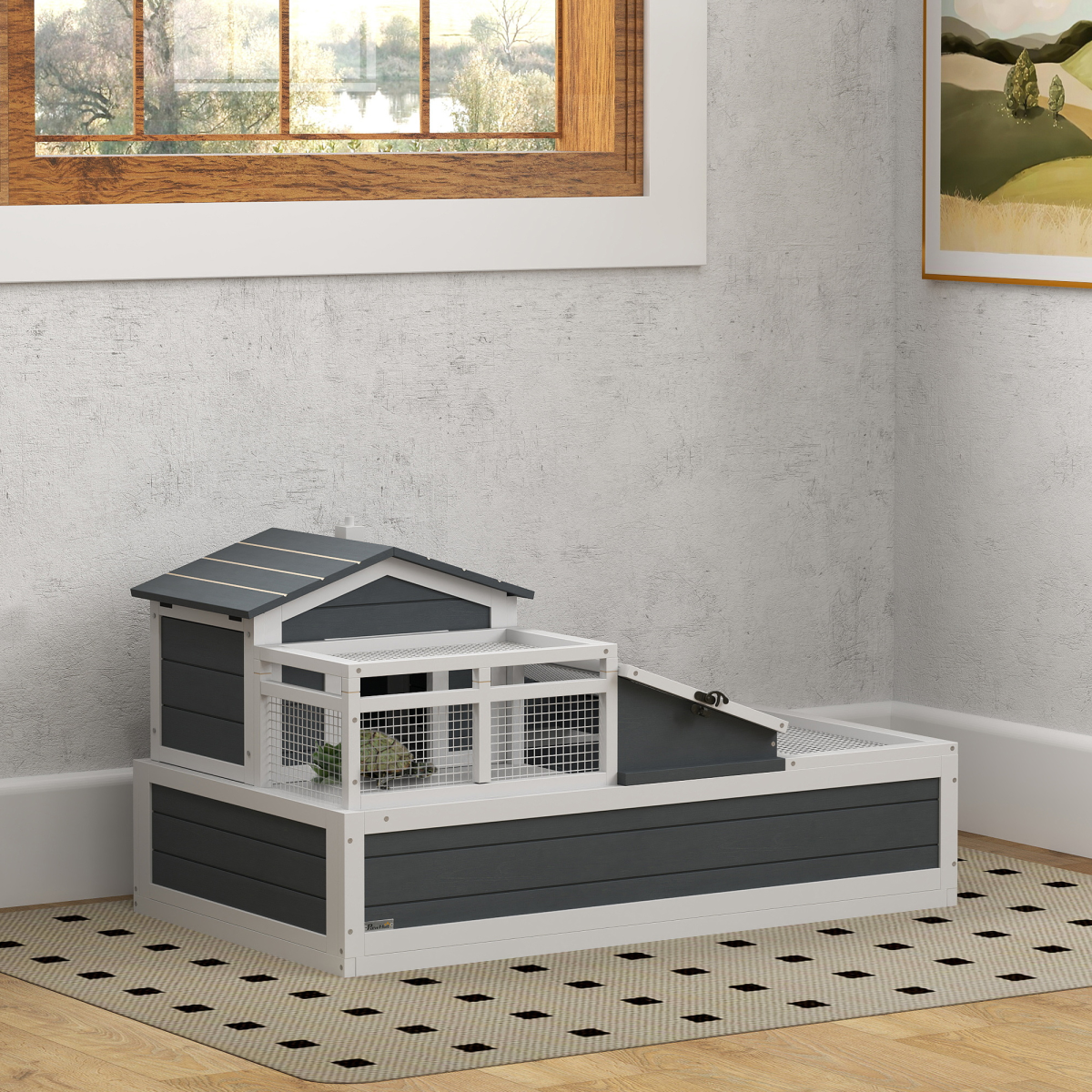 PawHut Wooden Tortoise House with Balcony, Tray & Openable Roof
