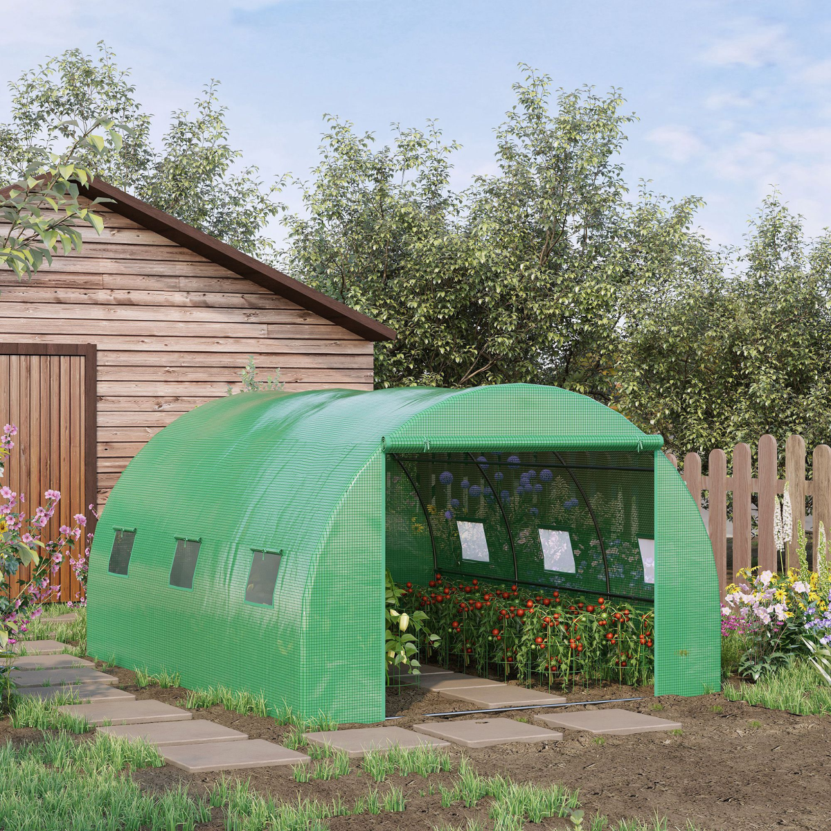 Outsunny 4 x 3 x 2 m Walk-In Tunnel Greenhouse with Roll-Up Door and 6 Windows
