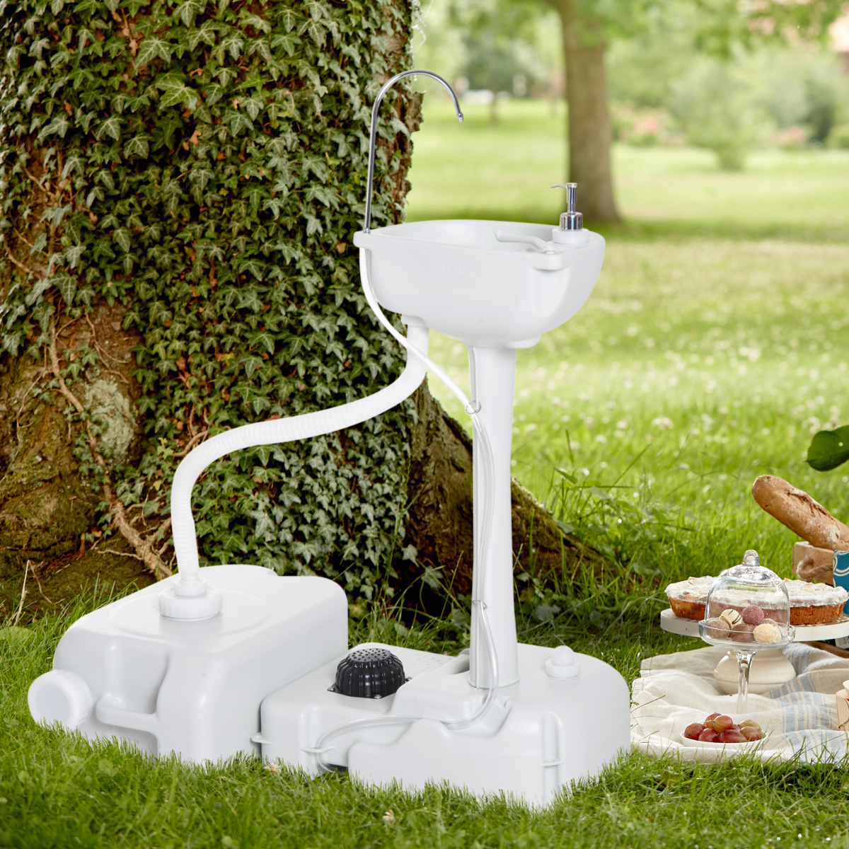 Portable Hand Wash Sink with 17L Water Tank, 24L Recovery Tank, Foot Pump, Soap Dispenser, Towel Holder and Wheels