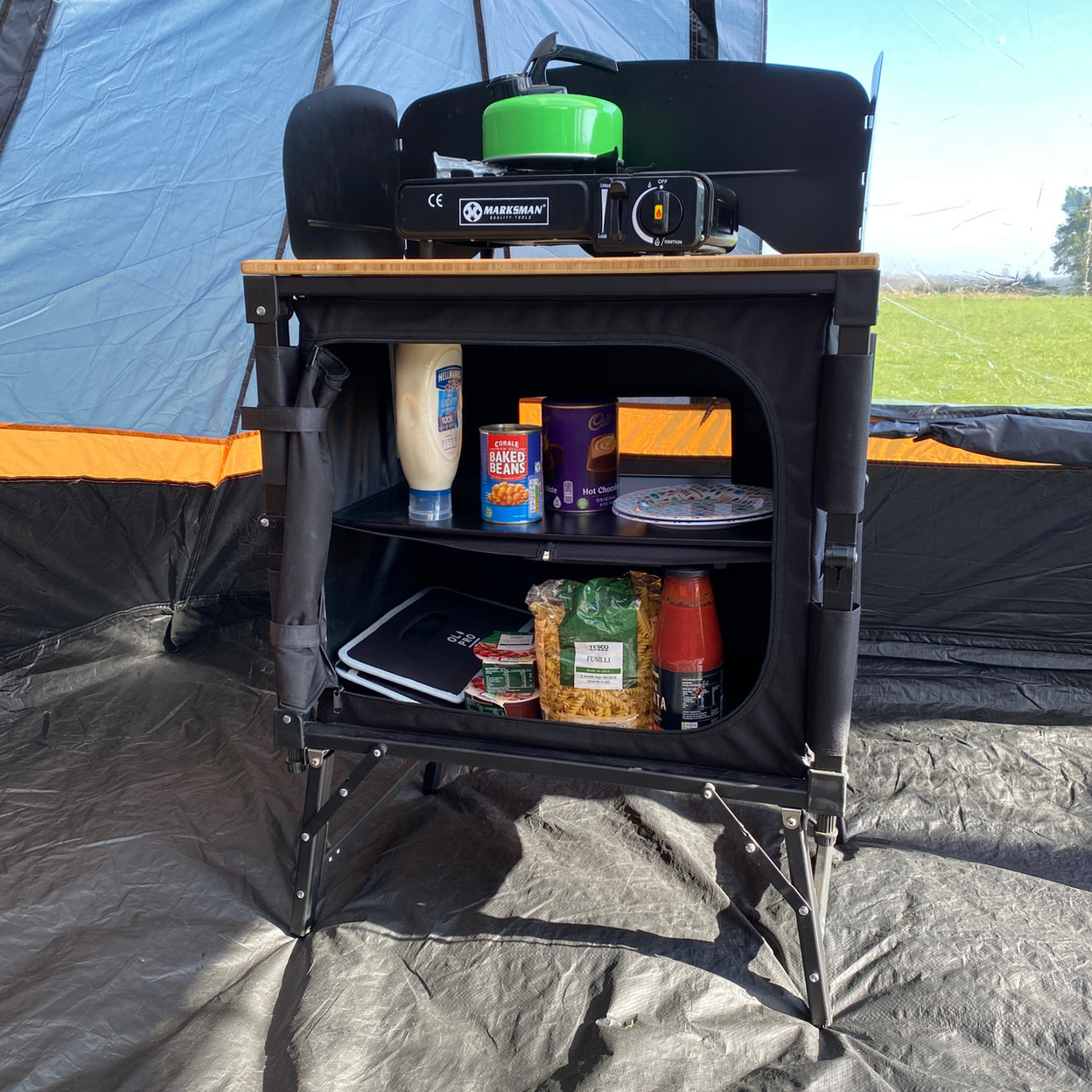 OLPRO Portable Folding 3-in-1 Bamboo Camping Kitchen Cabinet