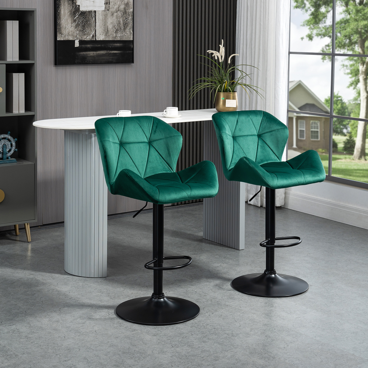 HOMCOM Set of 2 Adjustable Velvet Bar Stools with Footrest, Green