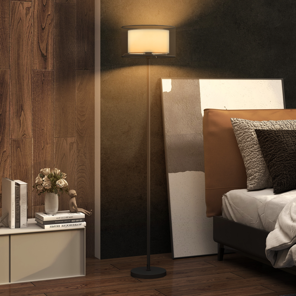 HOMCOM Modern Floor Lamp with Double-Layer Shade, Foot Switch, Black