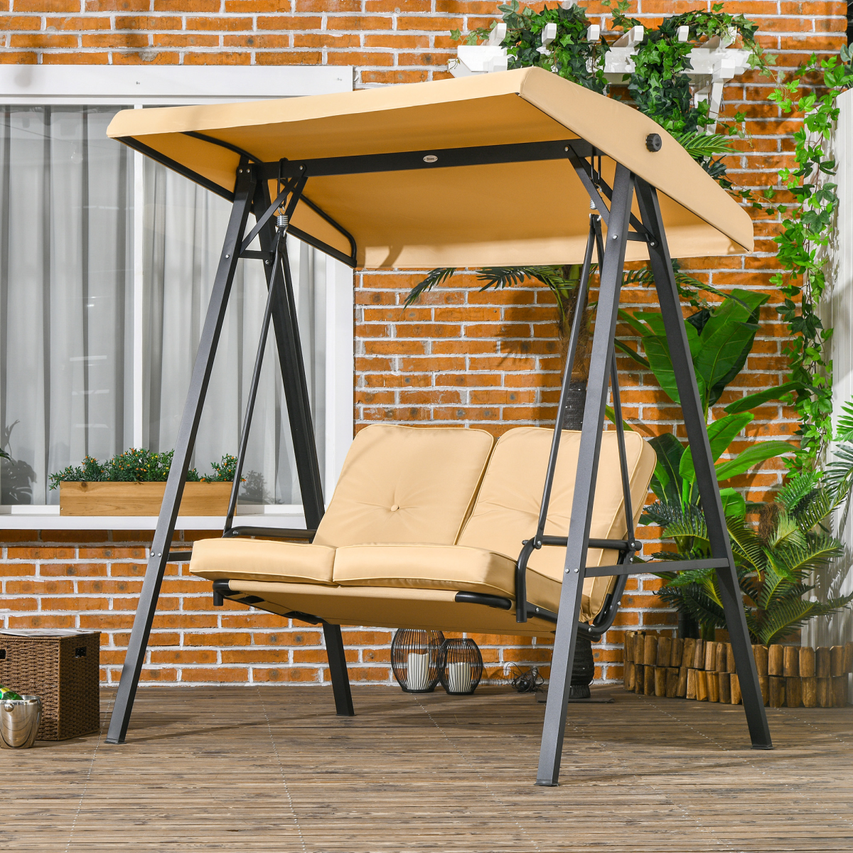 Outsunny 2-Seater Outdoor Swing Chair with Adjustable Canopy and Cushions