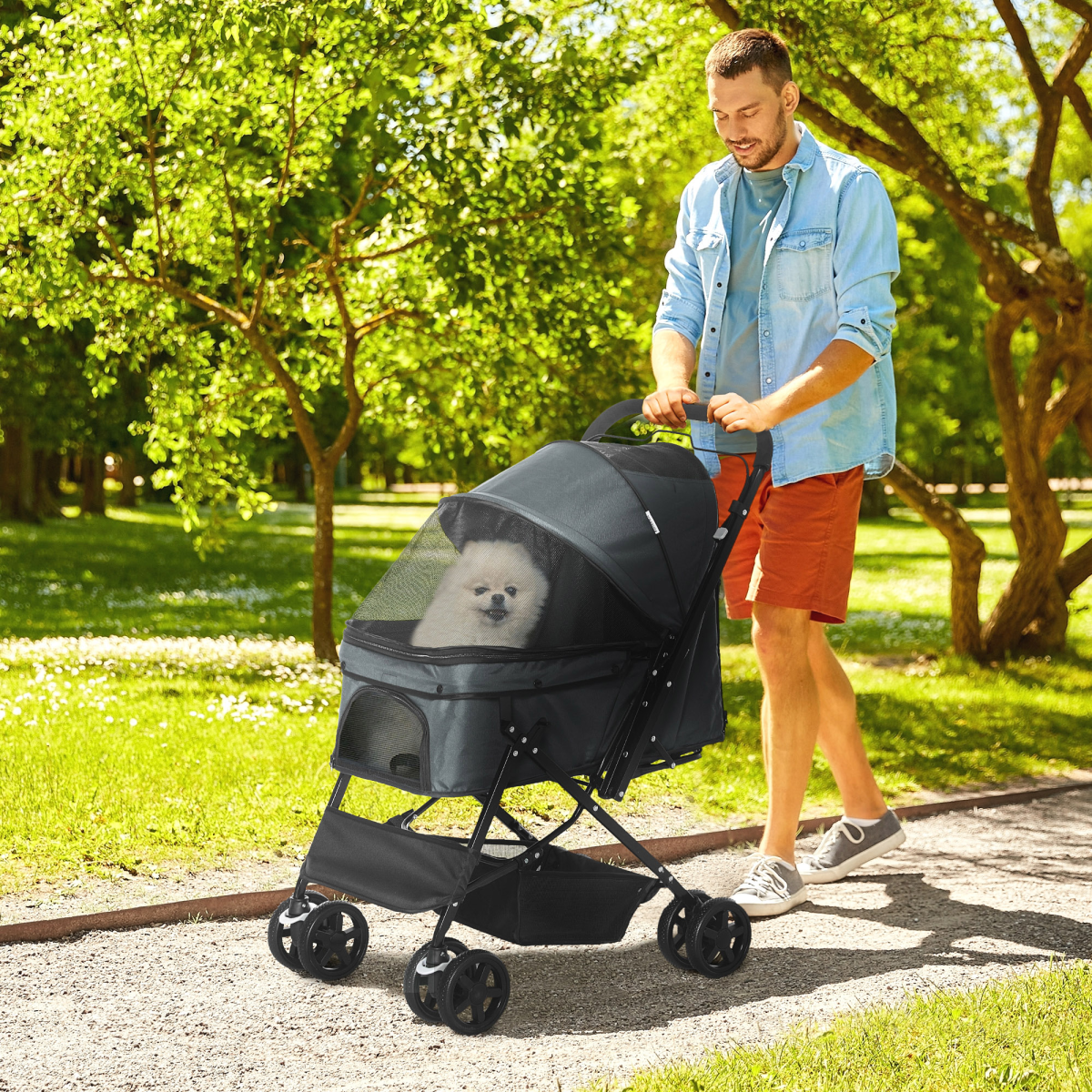 PawHut Foldable Pet Stroller with Reversible Handle, Grey