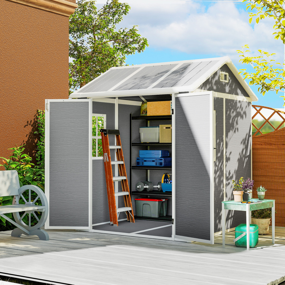 Outsunny 6 x 6ft Grey Plastic Garden Shed with Floor, Window & Vents