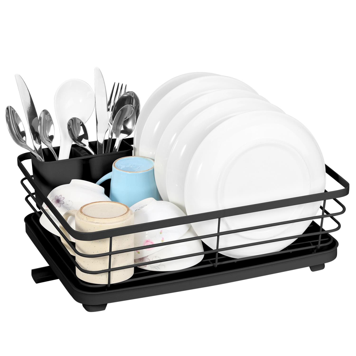 Vinsani Black Stainless Steel Dish Rack with Drip Tray and Utensil Holder