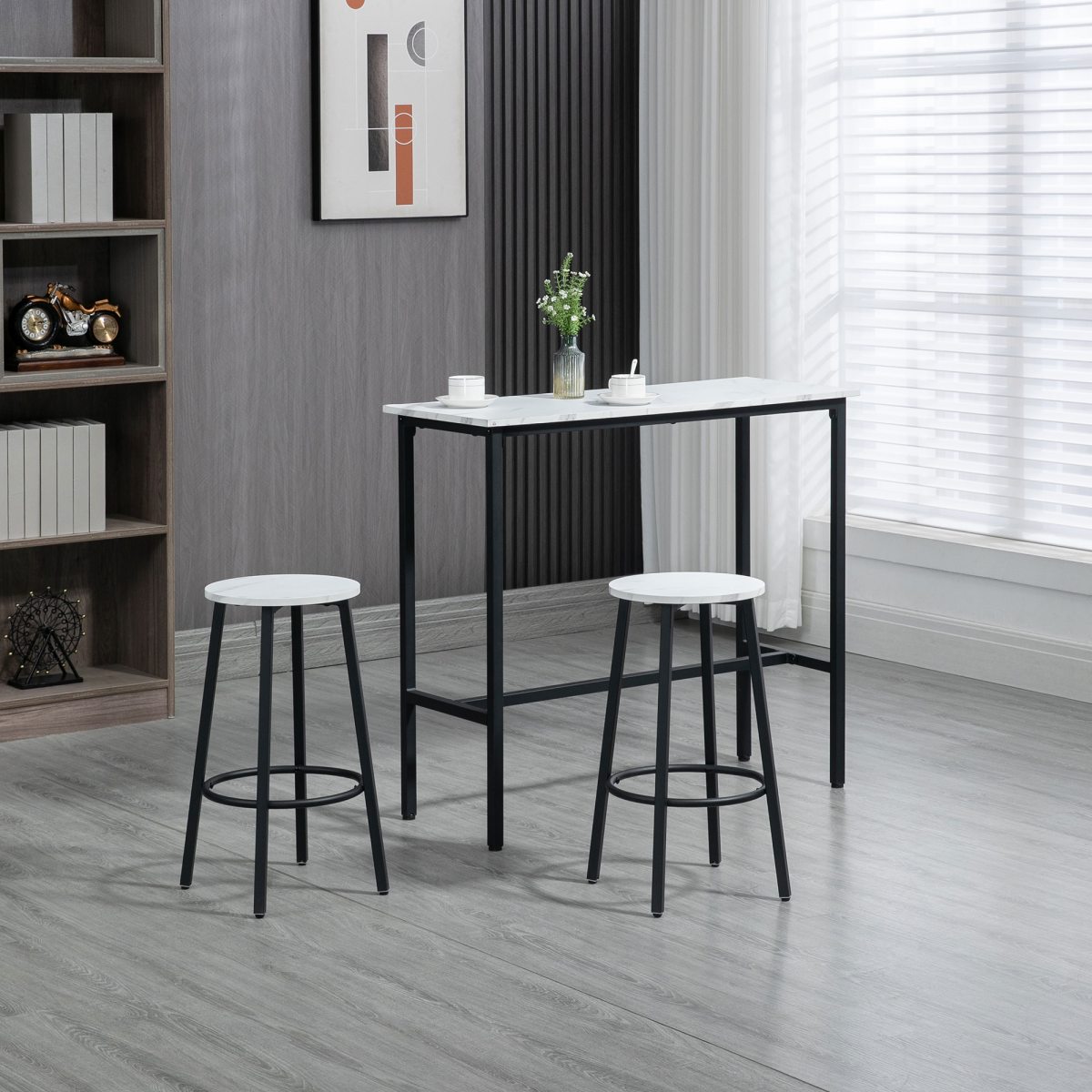 HOMCOM 3-Piece Bar Table Set for 2, Steel Frame, Footrest, White
