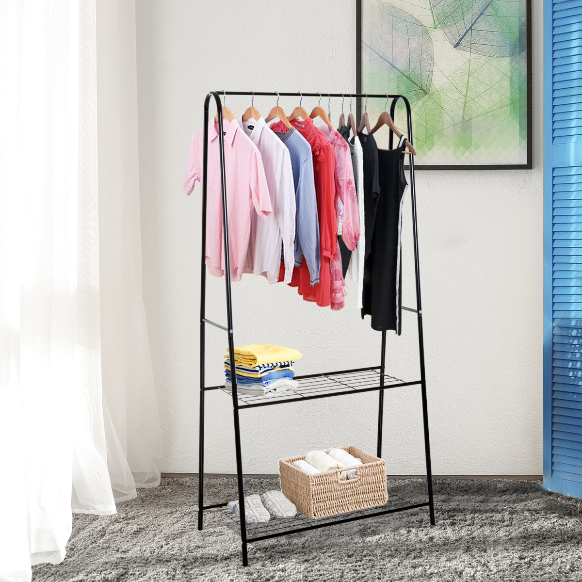 HOMCOM 2-Tier A-Shaped Steel Clothes Rack with Hanging Rail, Black