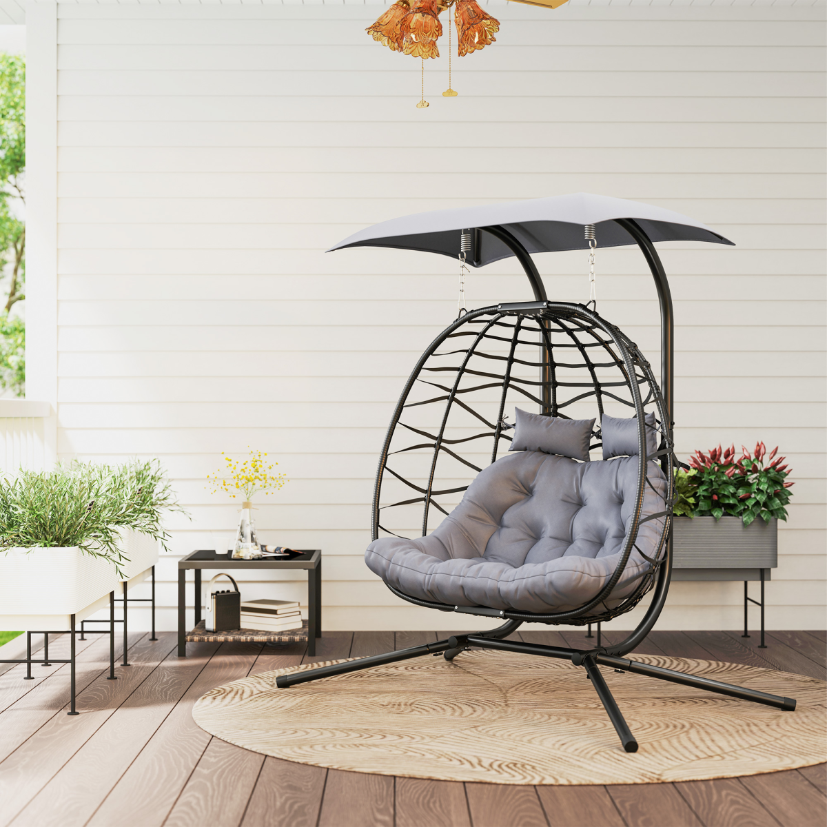 Outsunny Rattan Double Hanging Egg Chair with Canopy & Cushion, Black