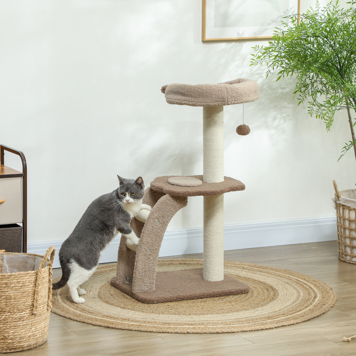 PawHut 88cm Indoor Cat Tree with Scratching Post & Cat House, Brown
